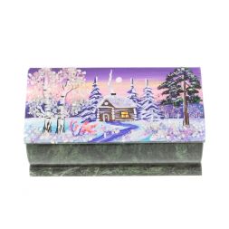 Шкатулка "Домик в зимнем лесу" камень змеевик 15х7,5х6 см