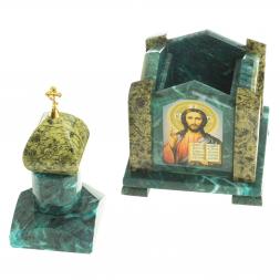 Шкатулка "Часовня" камень змеевик 14х14х24 см